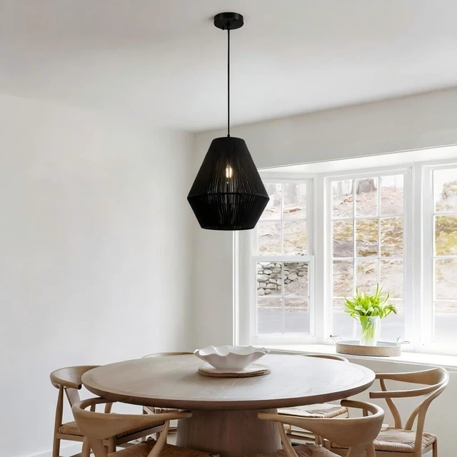 Alt view image 7 of 7 - Woven Fabric Pendant Light, Beige, Geometric Diamond Shape, Ceiling Hanging Lamp for Living Room