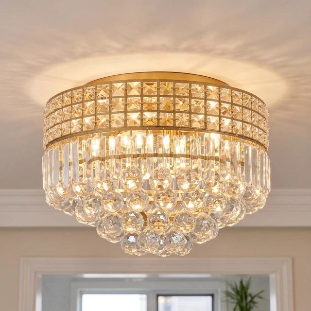 Main image of Gold Crystal Chandelier for Dining Room, 16 Inch Flush Mount Ceiling Light