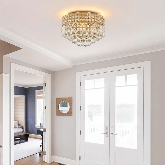 Alt view image 2 of 7 - Gold Crystal Chandelier for Dining Room, 16 Inch Flush Mount Ceiling Light