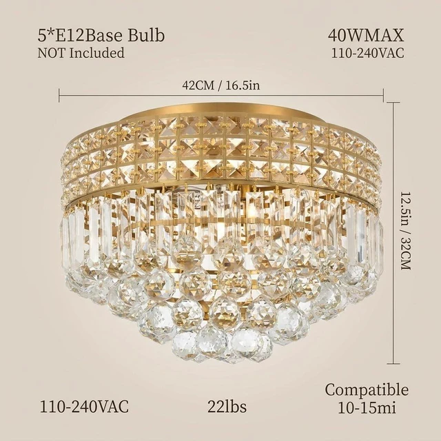 Alt view image 4 of 7 - Gold Crystal Chandelier for Dining Room, 16 Inch Flush Mount Ceiling Light