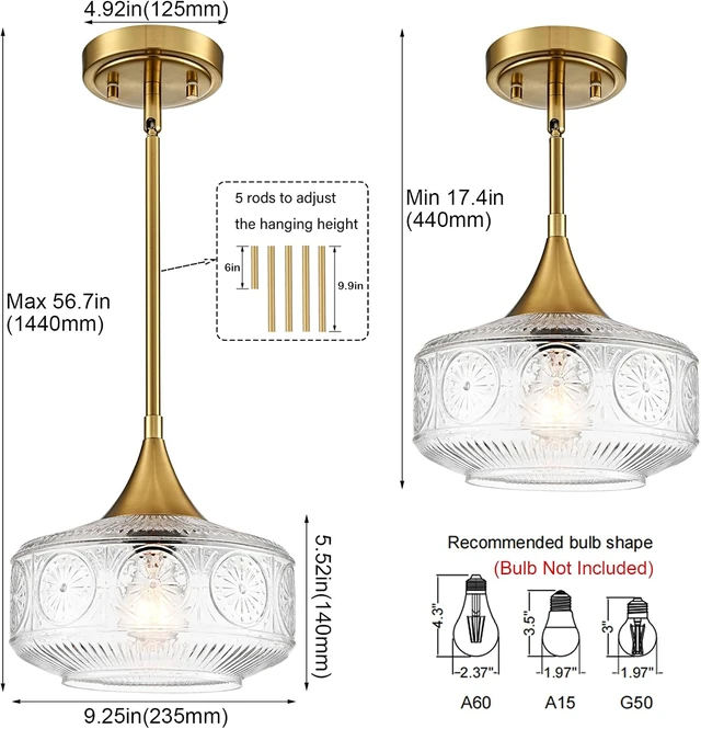 Alt view image 3 of 7 - DAYCENT Clear Glass Pendant Lights 9.25" Gold Schoolhouse Hanging Lighting