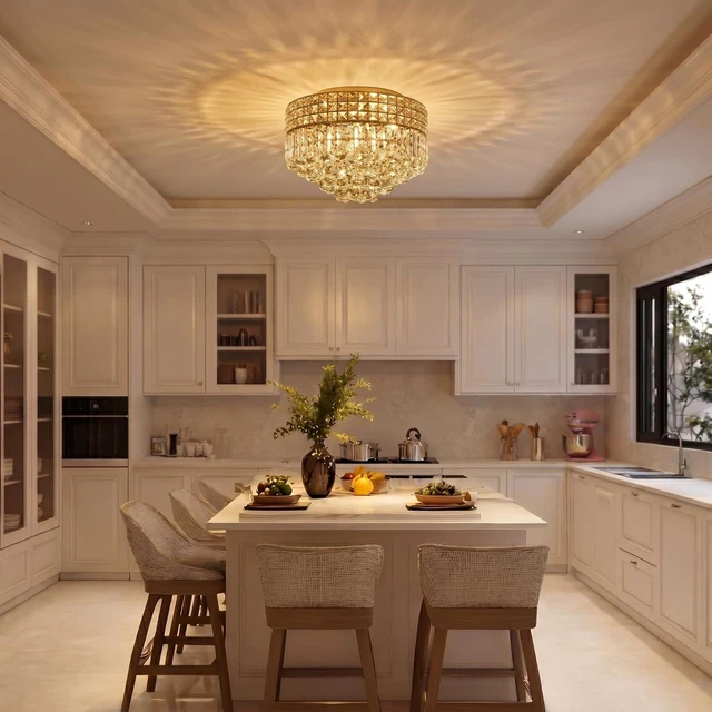 Alt view image 7 of 7 - Gold Crystal Chandelier for Dining Room, 16 Inch Flush Mount Ceiling Light