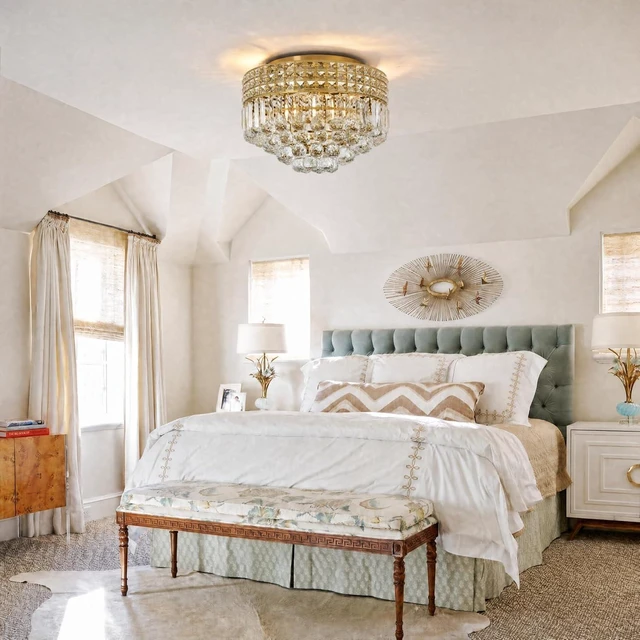 Alt view image 3 of 7 - Gold Crystal Chandelier for Dining Room, 16 Inch Flush Mount Ceiling Light