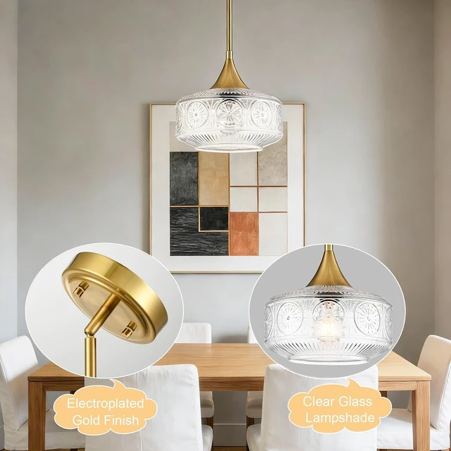 Alt view image 2 of 7 - DAYCENT Clear Glass Pendant Lights 9.25" Gold Schoolhouse Hanging Lighting
