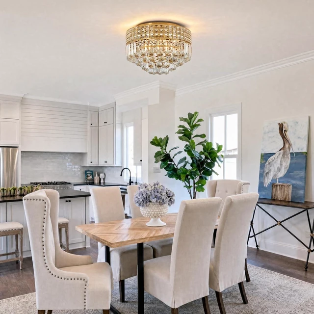 Alt view image 6 of 7 - Gold Crystal Chandelier for Dining Room, 16 Inch Flush Mount Ceiling Light