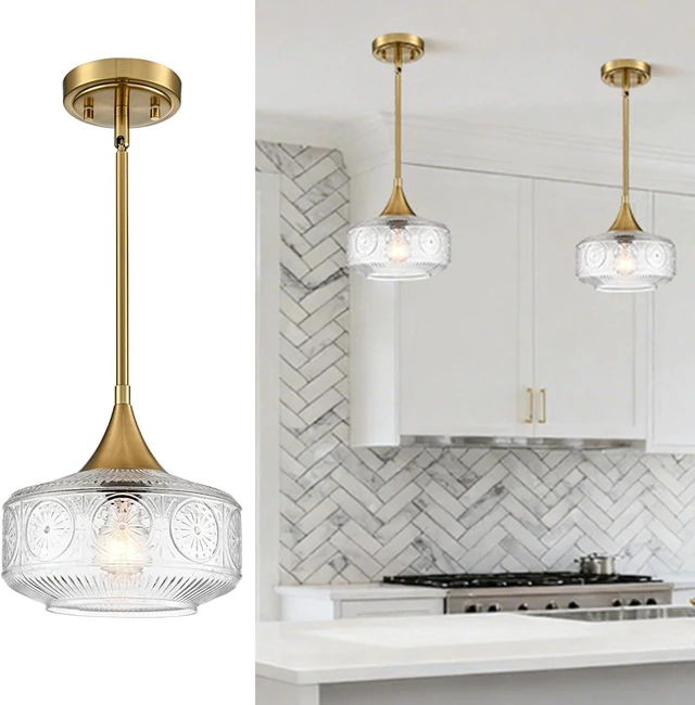 Main image of DAYCENT Clear Glass Pendant Lights 9.25" Gold Schoolhouse Hanging Lighting