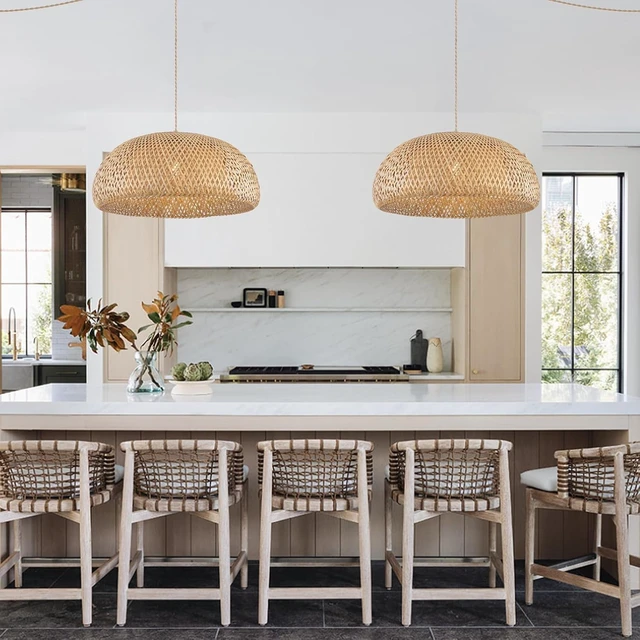Alt view image 2 of 7 - Bamboo Large Plug in Pendant Light with 14ft Handmade Woven Light Cord, Dimmable Switch, Rustic Basket Hanging Lamp for Bedroom Kitchen Island Dining Room Living Room Farmhouse, 23.6 inch Width