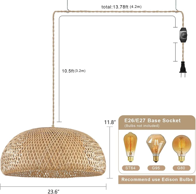 Alt view image 4 of 7 - Bamboo Large Plug in Pendant Light with 14ft Handmade Woven Light Cord, Dimmable Switch, Rustic Basket Hanging Lamp for Bedroom Kitchen Island Dining Room Living Room Farmhouse, 23.6 inch Width