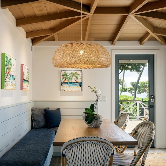 Alt view image 7 of 7 - Bamboo Large Plug in Pendant Light with 14ft Handmade Woven Light Cord, Dimmable Switch, Rustic Basket Hanging Lamp for Bedroom Kitchen Island Dining Room Living Room Farmhouse, 23.6 inch Width