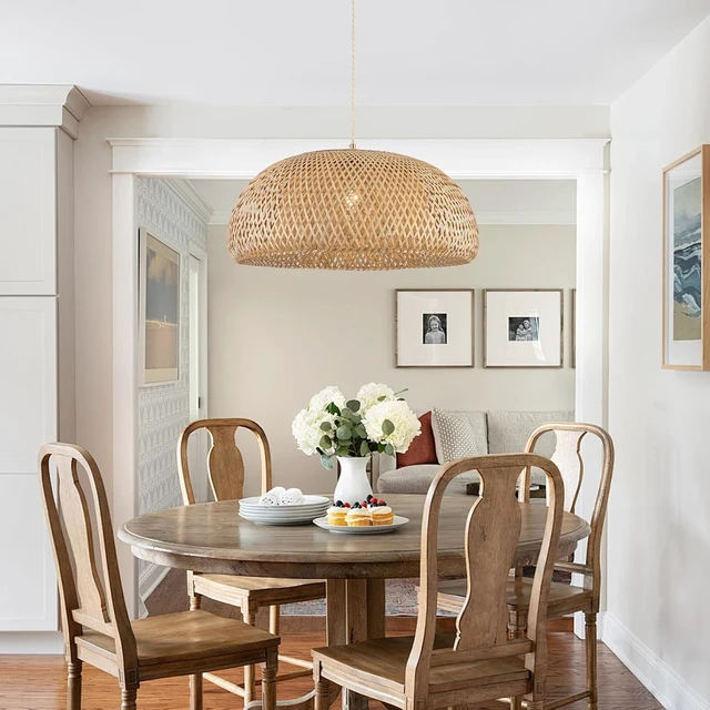 Alt view image 3 of 7 - Bamboo Large Plug in Pendant Light with 14ft Handmade Woven Light Cord, Dimmable Switch, Rustic Basket Hanging Lamp for Bedroom Kitchen Island Dining Room Living Room Farmhouse, 23.6 inch Width