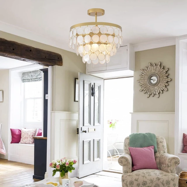 Alt view image 3 of 6 - Capiz Shell Flush Mount Ceiling Light Boho Seashell Chandelier Coastal Gold 3-Light Fixture for Bathroom Bedroom Kitchen Entryway