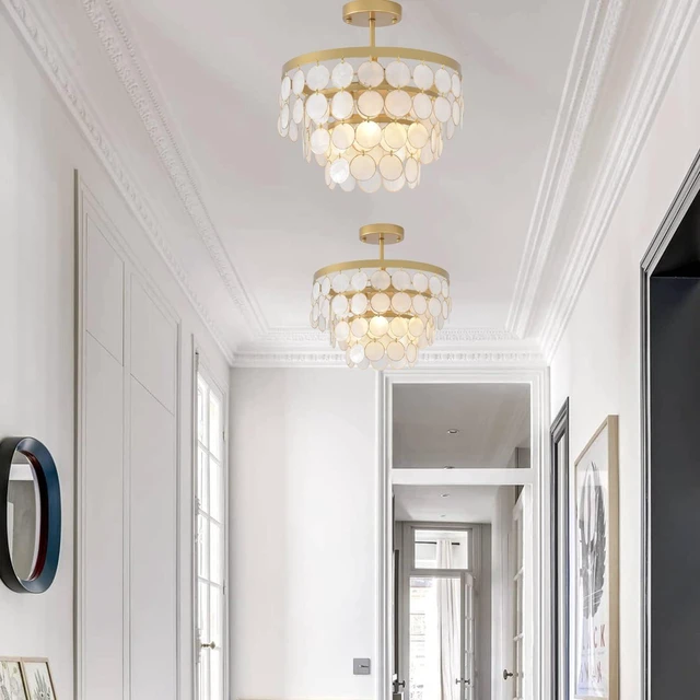 Alt view image 4 of 6 - Capiz Shell Flush Mount Ceiling Light Boho Seashell Chandelier Coastal Gold 3-Light Fixture for Bathroom Bedroom Kitchen Entryway
