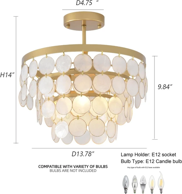 Alt view image 5 of 6 - Capiz Shell Flush Mount Ceiling Light Boho Seashell Chandelier Coastal Gold 3-Light Fixture for Bathroom Bedroom Kitchen Entryway