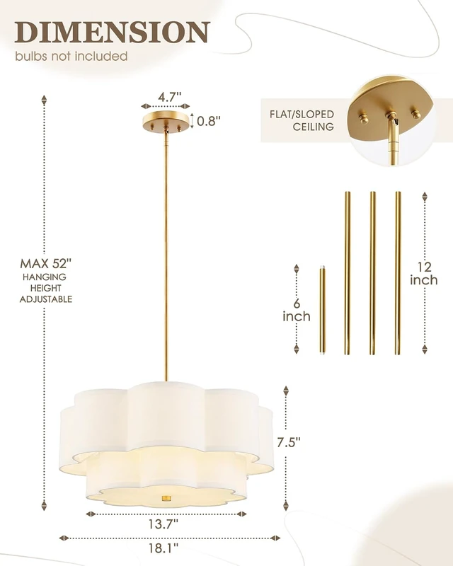 Alt view image 2 of 7 - 18" Gold Fabric Drum Chandelier, 3-Light Dining Room Light Fixture