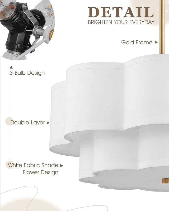 Alt view image 3 of 7 - 18" Gold Fabric Drum Chandelier, 3-Light Dining Room Light Fixture