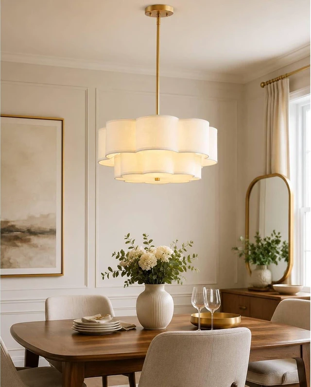 Main image of 18" Gold Fabric Drum Chandelier, 3-Light Dining Room Light Fixture