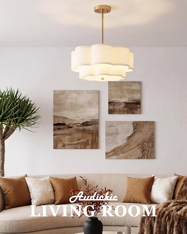 Alt view image 4 of 7 - 18" Gold Fabric Drum Chandelier, 3-Light Dining Room Light Fixture