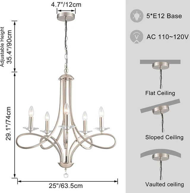 Alt view image 3 of 7 - Modern Brushed Nickel Finish Chandeliers, 5-Lights Farmhouse Candle Scroll Arms Dining Room Light Fixture Industrial Ceiling Hang Light Fixture