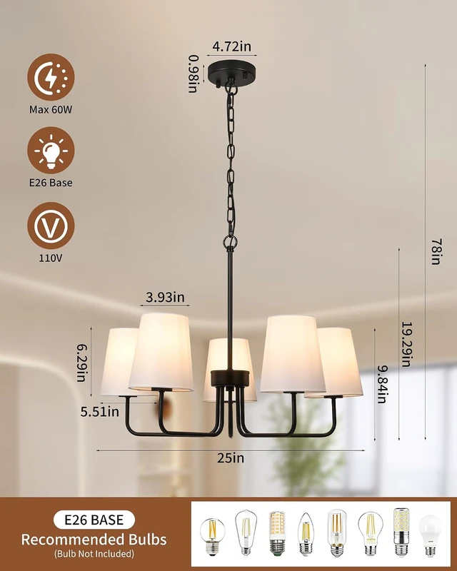Alt view image 2 of 7 - Black Chandelier Dining Room Light Fixture, 5-Light Farmhouse Chandelier White Fabric Shade, Modern Industrial Hanging Light Fixture for Kitchen, Bedroom, Dining Room (E26 Base)