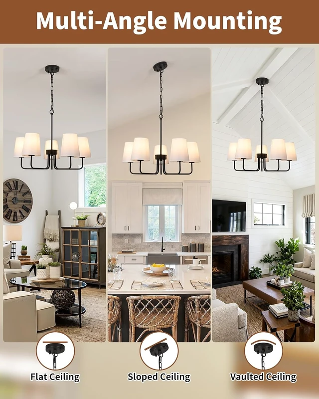 Alt view image 4 of 7 - Black Chandelier Dining Room Light Fixture, 5-Light Farmhouse Chandelier White Fabric Shade, Modern Industrial Hanging Light Fixture for Kitchen, Bedroom, Dining Room (E26 Base)