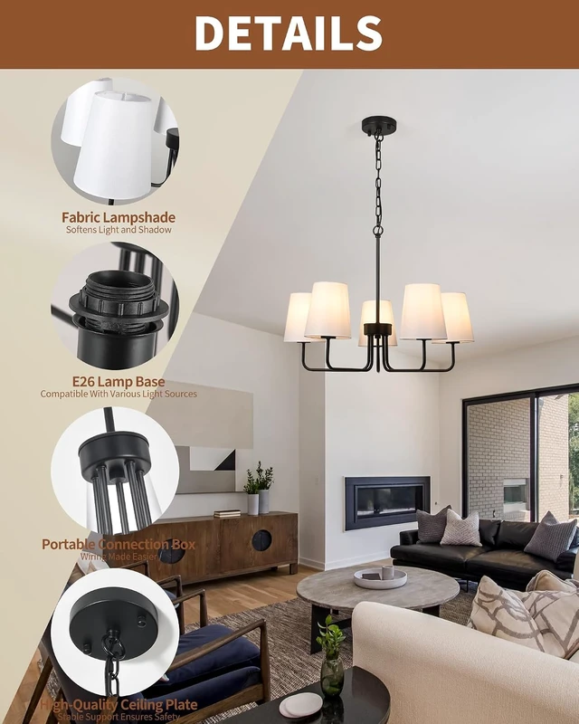 Alt view image 5 of 7 - Black Chandelier Dining Room Light Fixture, 5-Light Farmhouse Chandelier White Fabric Shade, Modern Industrial Hanging Light Fixture for Kitchen, Bedroom, Dining Room (E26 Base)