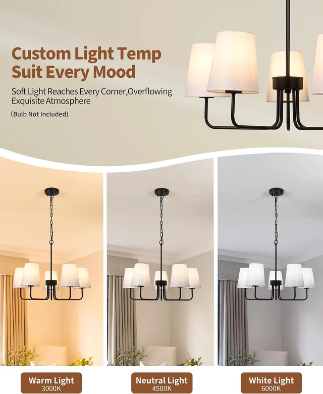 Alt view image 3 of 7 - Black Chandelier Dining Room Light Fixture, 5-Light Farmhouse Chandelier White Fabric Shade, Modern Industrial Hanging Light Fixture for Kitchen, Bedroom, Dining Room (E26 Base)