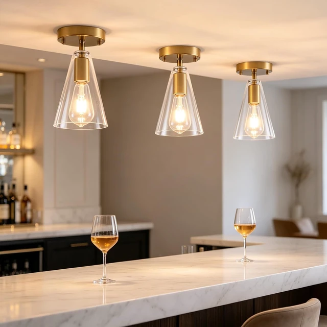 Alt view image 2 of 7 - 3 Pack Gold 1-Light Semi Flush Mount Ceiling Light, Modern Ceiling Kitchen Lighting Fixtures with Cone Clear Glass Shade, Mini Adjustable Angle Lamp for Hallway Entryway Stairway Foyer