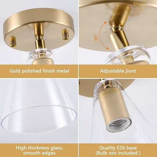 Alt view image 4 of 7 - 3 Pack Gold 1-Light Semi Flush Mount Ceiling Light, Modern Ceiling Kitchen Lighting Fixtures with Cone Clear Glass Shade, Mini Adjustable Angle Lamp for Hallway Entryway Stairway Foyer