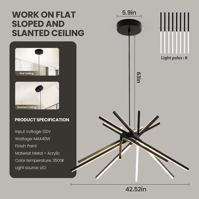Alt view image 4 of 7 - Modern Sputnik LED Chandelier,Black Dimmable Hanging Pendant Light