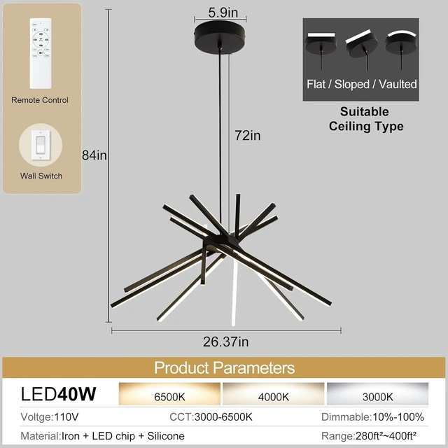 Alt view image 3 of 7 - Modern Sputnik LED Chandelier,Black Dimmable Hanging Pendant Light