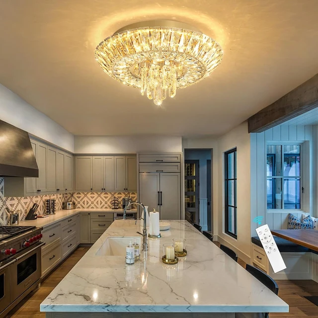 Alt view image 2 of 7 - Crystal Chandelier Modern Round Ceiling Light Fixture LED Raindrop Chandeliers Dimmable with Remote for Dining Room Living Room Entryway Hallway Bedroom Gold