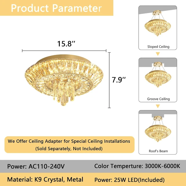 Alt view image 3 of 7 - Crystal Chandelier Modern Round Ceiling Light Fixture LED Raindrop Chandeliers Dimmable with Remote for Dining Room Living Room Entryway Hallway Bedroom Gold