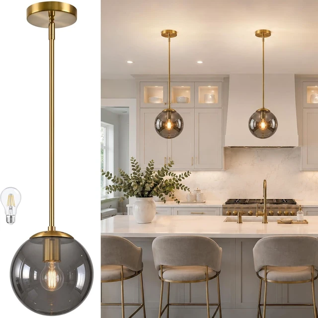 Main image of Bagood 8 Inch Globe Pendant Light Gold Globe Pendant Lights Kitchen Island Mid Century Light Fixture with Gray Clear Glass Contemporary Adjustable Hanging Lights for Dining Room (Bulb Included)