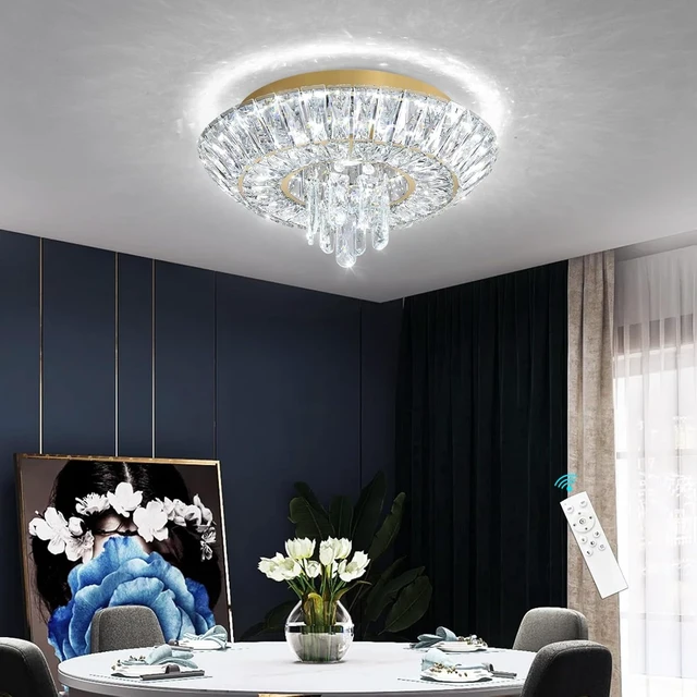 Alt view image 4 of 7 - Crystal Chandelier Modern Round Ceiling Light Fixture LED Raindrop Chandeliers Dimmable with Remote for Dining Room Living Room Entryway Hallway Bedroom Gold