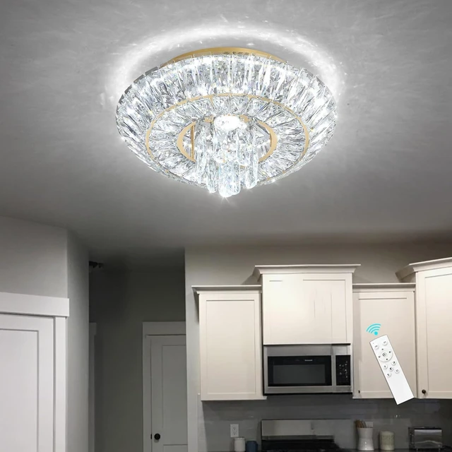 Alt view image 7 of 7 - Crystal Chandelier Modern Round Ceiling Light Fixture LED Raindrop Chandeliers Dimmable with Remote for Dining Room Living Room Entryway Hallway Bedroom Gold