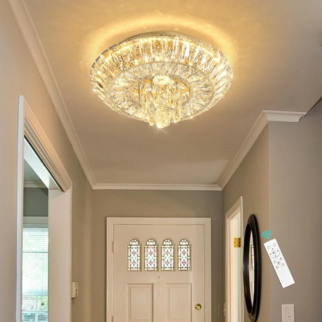 Alt view image 6 of 7 - Crystal Chandelier Modern Round Ceiling Light Fixture LED Raindrop Chandeliers Dimmable with Remote for Dining Room Living Room Entryway Hallway Bedroom Gold