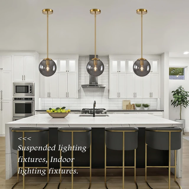 Alt view image 2 of 7 - Bagood 8 Inch Globe Pendant Light Gold Globe Pendant Lights Kitchen Island Mid Century Light Fixture with Gray Clear Glass Contemporary Adjustable Hanging Lights for Dining Room (Bulb Included)