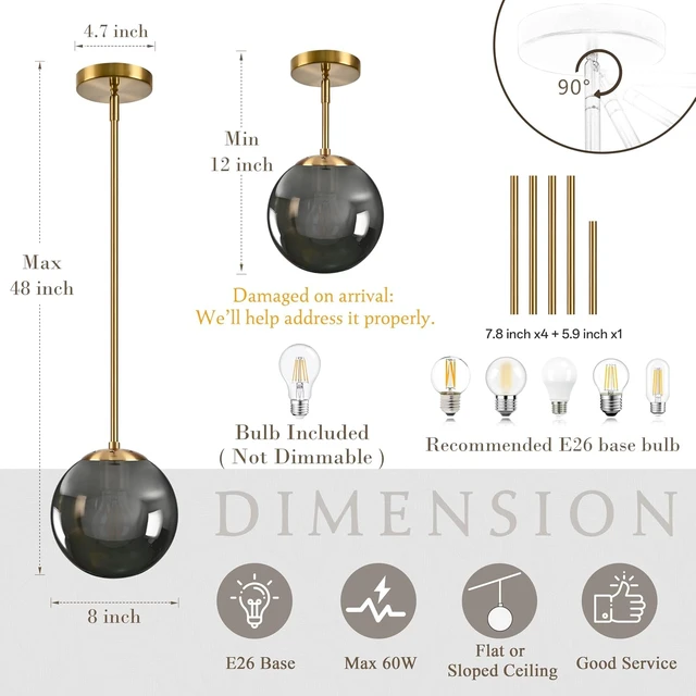 Alt view image 4 of 7 - Bagood 8 Inch Globe Pendant Light Gold Globe Pendant Lights Kitchen Island Mid Century Light Fixture with Gray Clear Glass Contemporary Adjustable Hanging Lights for Dining Room (Bulb Included)