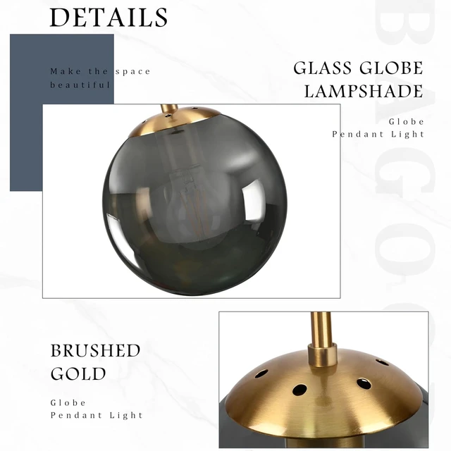 Alt view image 6 of 7 - Bagood 8 Inch Globe Pendant Light Gold Globe Pendant Lights Kitchen Island Mid Century Light Fixture with Gray Clear Glass Contemporary Adjustable Hanging Lights for Dining Room (Bulb Included)