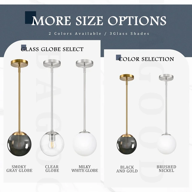 Alt view image 7 of 7 - Bagood 8 Inch Globe Pendant Light Gold Globe Pendant Lights Kitchen Island Mid Century Light Fixture with Gray Clear Glass Contemporary Adjustable Hanging Lights for Dining Room (Bulb Included)