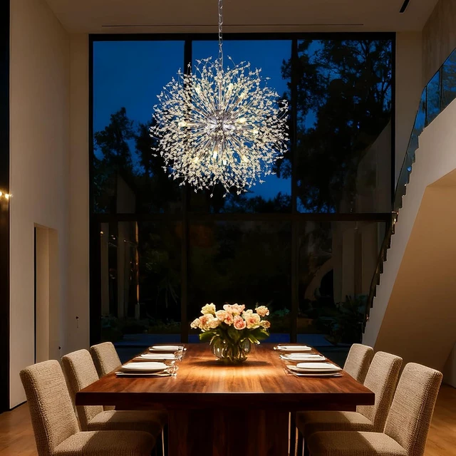 Alt view image 2 of 7 - Wellmet Modern Chandelier for Dining Room,25.5" Firework Crystal Sputnik Ceiling Light Fixture for Living Room,Farmhouse Chandelier,Mid Century Chrome Chandelier for Bedroom,Entryway,Kitchen