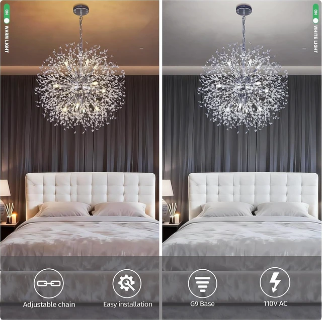 Alt view image 3 of 7 - Wellmet Modern Chandelier for Dining Room,25.5" Firework Crystal Sputnik Ceiling Light Fixture for Living Room,Farmhouse Chandelier,Mid Century Chrome Chandelier for Bedroom,Entryway,Kitchen