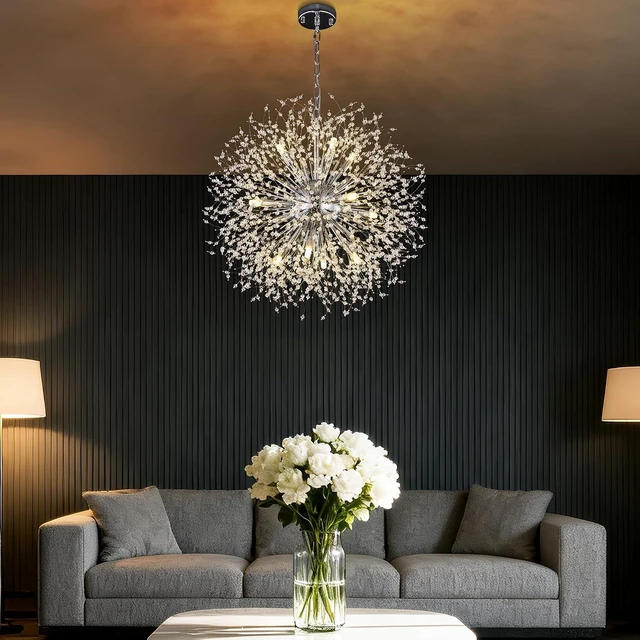 Alt view image 6 of 7 - Wellmet Modern Chandelier for Dining Room,25.5" Firework Crystal Sputnik Ceiling Light Fixture for Living Room,Farmhouse Chandelier,Mid Century Chrome Chandelier for Bedroom,Entryway,Kitchen