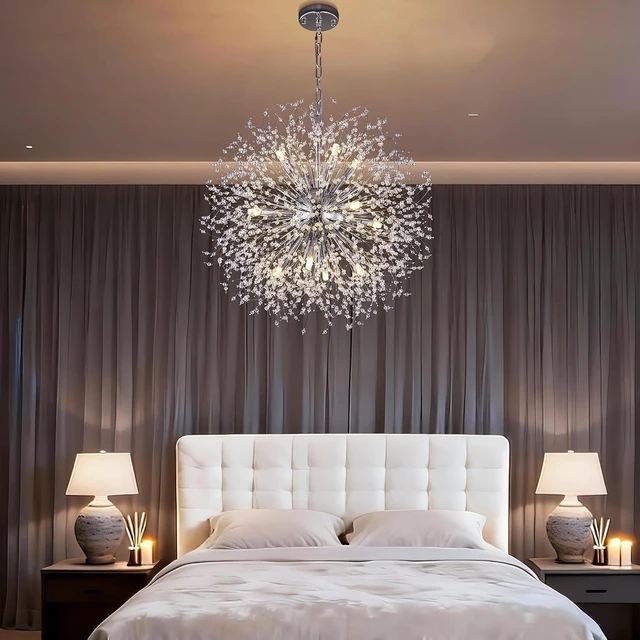 Alt view image 7 of 7 - Wellmet Modern Chandelier for Dining Room,25.5" Firework Crystal Sputnik Ceiling Light Fixture for Living Room,Farmhouse Chandelier,Mid Century Chrome Chandelier for Bedroom,Entryway,Kitchen