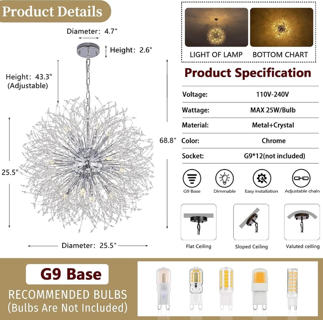 Alt view image 4 of 7 - Wellmet Modern Chandelier for Dining Room,25.5" Firework Crystal Sputnik Ceiling Light Fixture for Living Room,Farmhouse Chandelier,Mid Century Chrome Chandelier for Bedroom,Entryway,Kitchen