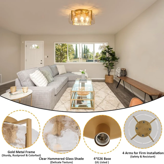 Alt view image 3 of 7 - Semi Flush Mount Ceiling Light Fixture, 4-Light Gold Modern Hallway Light Fixtures Ceiling Mount, Foyer Kitchen Lighting Fixtures Ceiling Lights for Bedroom Entryway Bathroom Laundry Room
