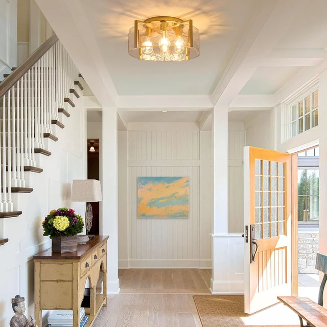 Alt view image 7 of 7 - Semi Flush Mount Ceiling Light Fixture, 4-Light Gold Modern Hallway Light Fixtures Ceiling Mount, Foyer Kitchen Lighting Fixtures Ceiling Lights for Bedroom Entryway Bathroom Laundry Room