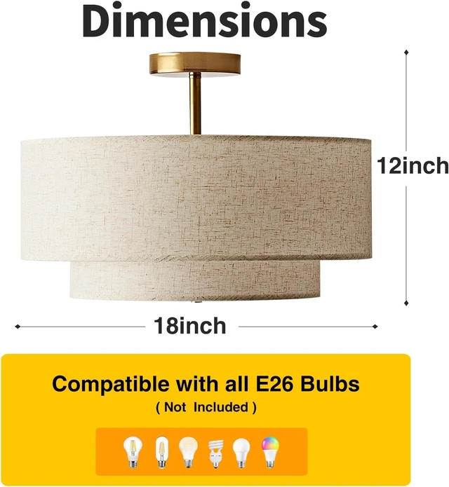 Alt view image 2 of 7 - 18 Inch Double Drum Large Semi Flush Mount Ceiling Light, 3-Light Classic Fabric Linen Shade Design Farmhouse Gold Light Fixture for Living Room, Bedroom, Kitchen, Dining Room