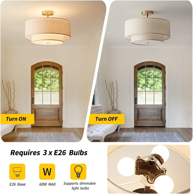 Alt view image 5 of 7 - 18 Inch Double Drum Large Semi Flush Mount Ceiling Light, 3-Light Classic Fabric Linen Shade Design Farmhouse Gold Light Fixture for Living Room, Bedroom, Kitchen, Dining Room