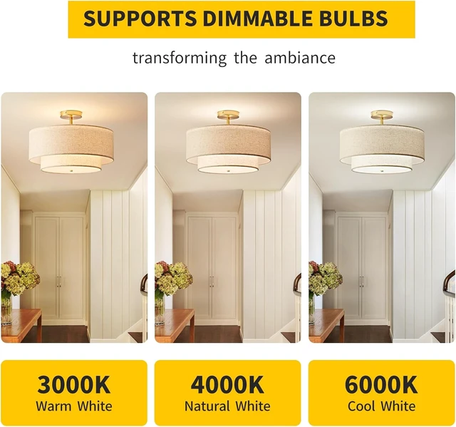 Alt view image 3 of 7 - 18 Inch Double Drum Large Semi Flush Mount Ceiling Light, 3-Light Classic Fabric Linen Shade Design Farmhouse Gold Light Fixture for Living Room, Bedroom, Kitchen, Dining Room